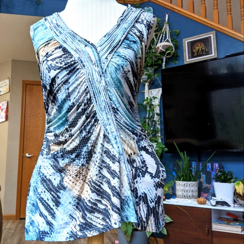 Mesmerize Rouched Shimmery Blue Tones Snakeskin Print Women's Tanktop